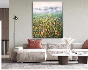 抽象的な野の花のオリジナル絵画 花畑アート 戸外絵画 キャンバス 田舎