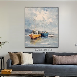 Veleros enmarcados en 3D en el mar, arte de pared texturizado, paisaje abstracto de velero azul, pintura al óleo sobre lienzo, gran decoración original para sala de estar, regalo