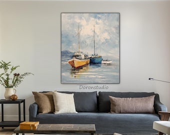 3D Framed Sailboats On The Sea Textured Wall Art Abstract Blue Sailboat Scenery Oil Painting on Canvas Large Original Living Room Decor Gift