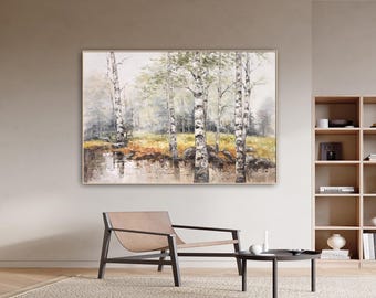Large Textured Birch Tree Landscape Painting on Canvas Textured Modern Birch Tree Wall Art Abstract Birch Tree Living room Decor Bedroom Art