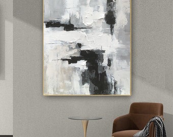 Original Black and White Abstract painting on Canvas Hand-Painted Texture Abstract Wall Art Large Black White Minimalist Art Modern Abstract