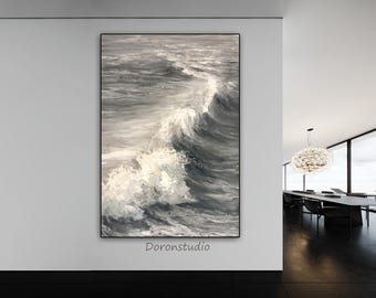 Black White Wave Painting,Hand Painted Ocean Canvas Artwork,Minimalist Seascape Wall Art,Neutral Coastal Decor,Large Living Room Decor