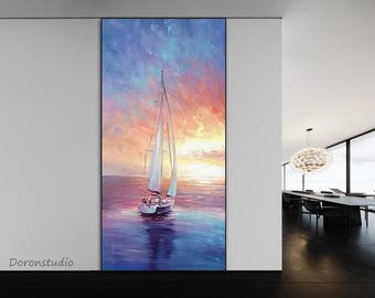 Original Sailing Boat in Ocean Painting on Canvas Morden Textured Seascape Wall Art Abstract White Sailboat Scenery Large Living room Decor