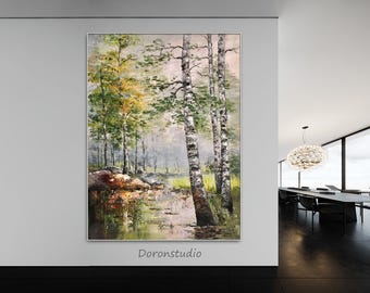 Getextureerde berkenolieverfschilderij op canvas impressionistisch boslandschap rustieke muurkunst natuurscène origineel kunstwerk woonkamer decor