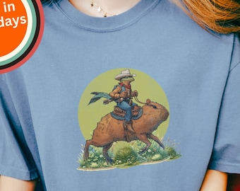 Comfort Colors Cowboy Frog and Capybara T-Shirt, Whimsical Graphic Illustration, Perfect Gift for Animal Lovers