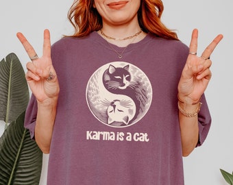 Karma is a Cat, Comfort Colors, Zen Yin-Yang Cat T-Shirt, Spiritual Balance Graphic Tee, Mindfulness Cat Lover Gift