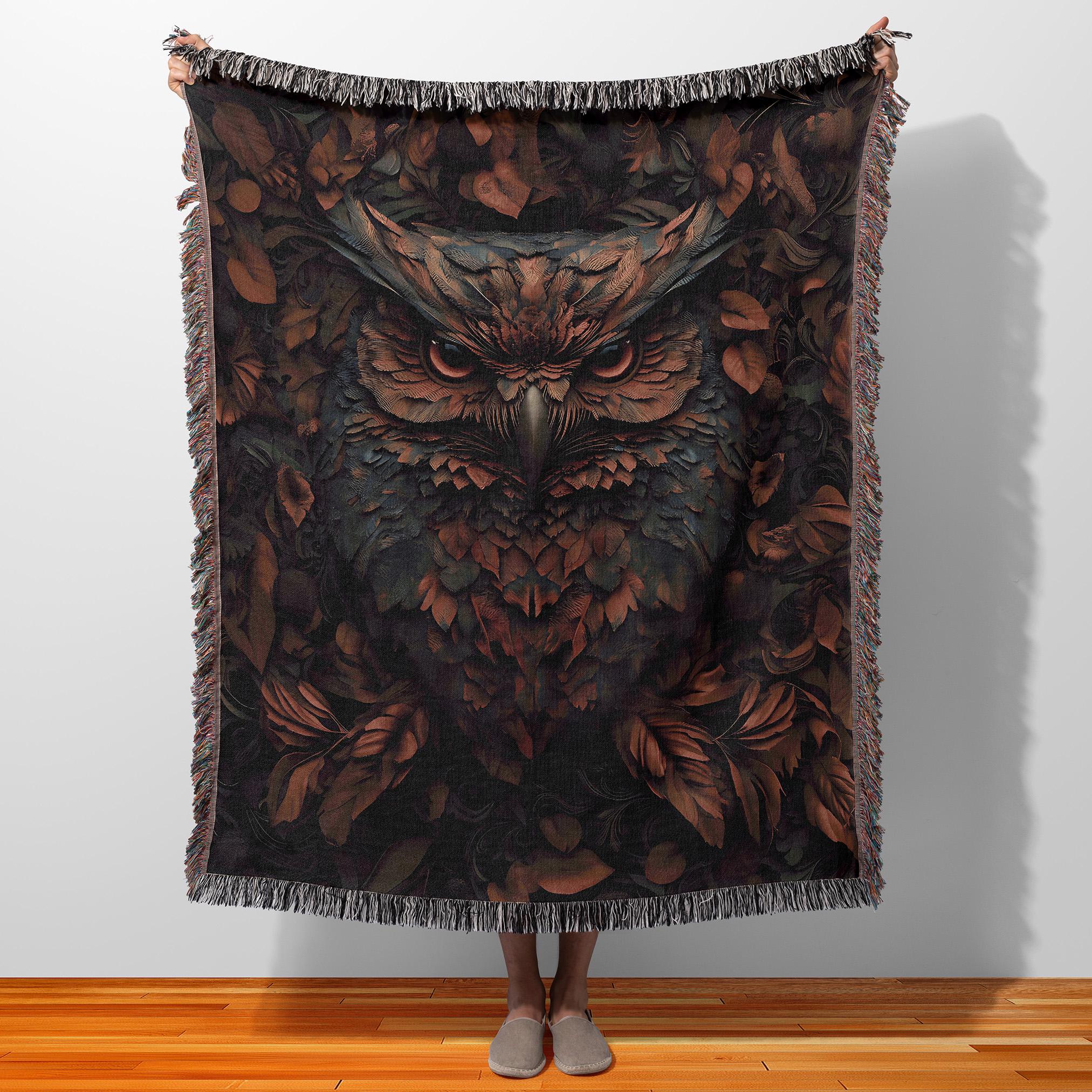 Dark Academia Owl Blanket, Woven Jacquard, Cozy Cotton Throw, Earthy Tones, Gift for Reader