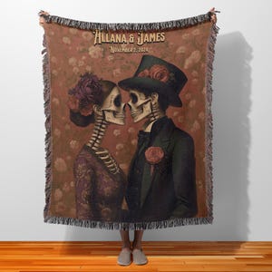 Manta tejida personalizada con esqueletos para parejas, regalo de boda, regalo de San Valentín, Día de los Muertos, decoración personalizada, 3 tamaños disponibles