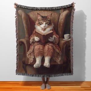 Literary Cat Lover Blanket, Book Lover Gift, Cat Lover Gift, Whimsical Cottagecore Decor, Unique Throw Blanket, Vintage Cat Art