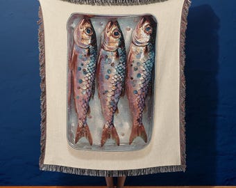 Sardines Woven Cotton Blanket Coastal Decor Fishing Beach House Throw Boho Coastal Wall Art Cotton Tapestry Sea Life Art Sardine Tin