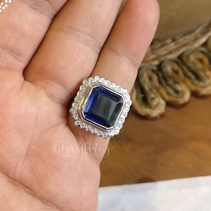 Sapphire & Diamonds Ring, Silver 925, White Rhodium Plated
