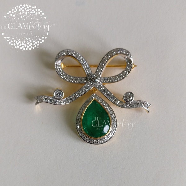 TGF, Emerald & Diamond Brooch/Pin, Unisex, Silver 925, Real 18K Gold Filled