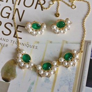 Emerald & Pearls Necklace and Earrings Set, Silver 925, Real Gold 18K Filled