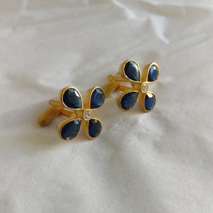 Sapphire Cuff links Pair, Silver 925, Real 18K Gold Filled, Matte Look