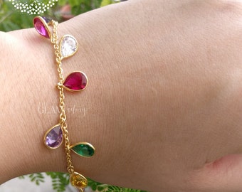 Multi Color Stones Charm Bracelet, Silver 925, Real Gold 18K Filled