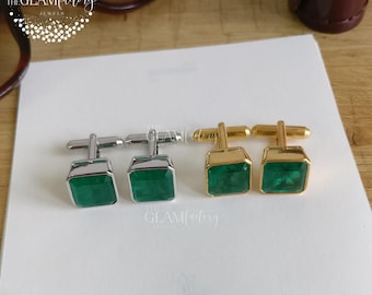 Emerald Cufflinks Pair, Silver 925, Real 18K Gold Filled / White Rhodium Plated