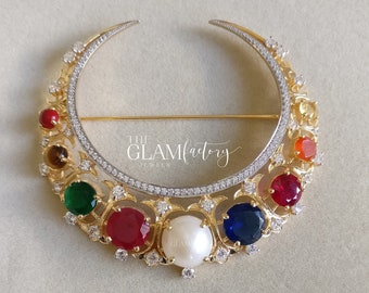 Navratan Brooch, 3&quot; Inches, Silver 925, Real Gold 18K Filled