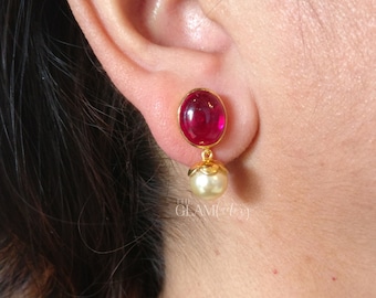 Ruby Cabochon and Pearl Earring Pair, Silver 925, Real Gold Filled