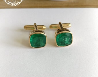 Emerald Cushion Cut Cufflinks Pair, Silver 925, Real 18K Gold Filled