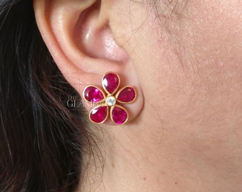 Ruby Flower Stud Earrings Pair, Matte Finish, Real Gold 18K Filled, Silver 925