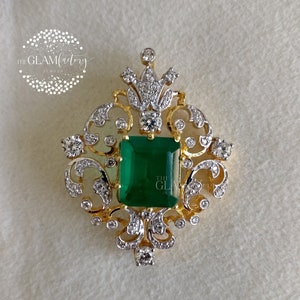 Emerald & Diamond Brooch, Unisex, Silver 925, Vintage, Antique, Handmade, Real 18K Gold Filled