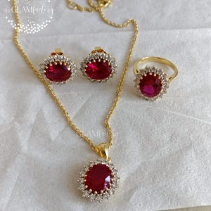 Rubin & Diamant Ring, Ohrring und Halskette Set, Silber 925, Echt Gold 18K Filled