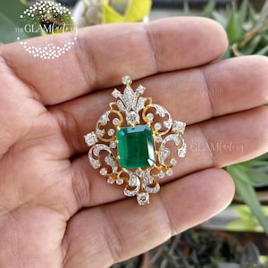 Emerald & Diamond Brooch, Unisex, Silver 925, Vintage, Antique, Handmade, Real 18K Gold Filled