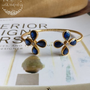 Sapphire & Diamond Flower Bangle/Bracelet, Silver 925, Real 18K Gold Filled
