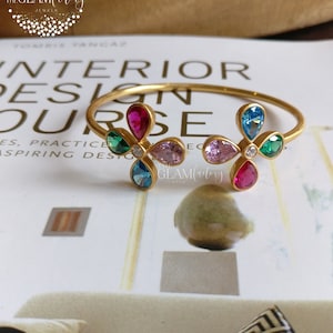 Multi Color Stones & Diamond Flower Bangle/Bracelet, Silver 925, Real 18k Gold Filled