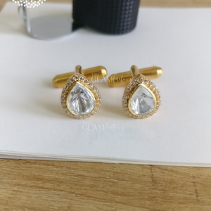 Diamond Slice/Polki Cufflinks Pair, Silver 925, Real 18K Gold Filled