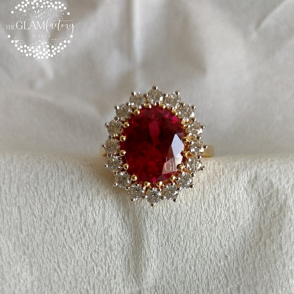 Bague Diana, rubis et diamant, argent 925, or véritable 18 carats