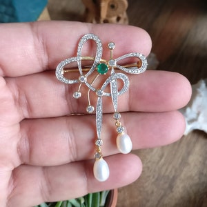 Emerald, Natural Pearl & Diamond Brooch, Unisex, Silver 925, 18K Gold Filled