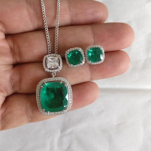 Emerald Pendant With Chain & Earrings Set, Silver 925, White Rhodium Plated