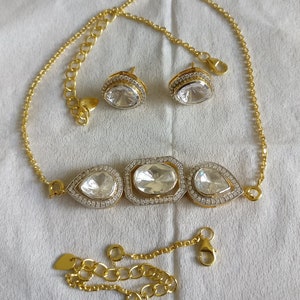 Moissanite Polkis Gargantilla Collar/Pulsera & Aretes Conjunto, Plata 925, Real Gold 18K Filled