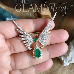 Emerald & Diamonds Brooch, Antique/Vintage Style, Unisex, Silver 925, 18K Gold Filled