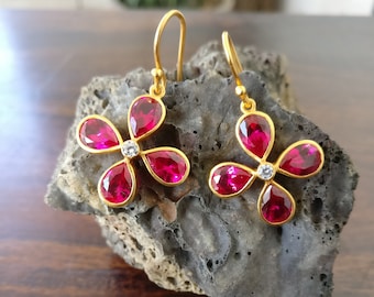 Ruby Flower Earring, Matte Finish, Gold Filled, Silver 925