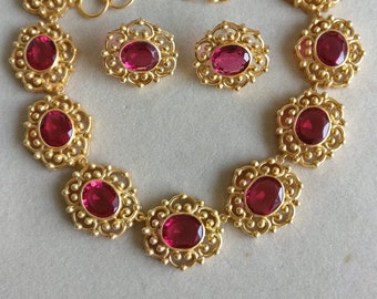 Ruby Ovals Necklace & Earrings Set, Silver 925, Real Gold 22K Filled