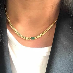 Collar de cadena cubana con esmeralda, plata 925, chapado en oro de 18 quilates
