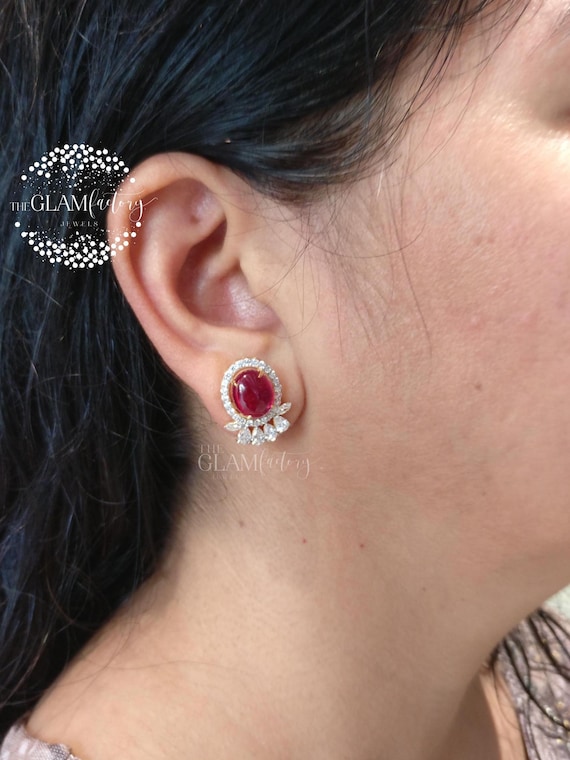 Ruby Cabochon & Diamond Earring, Guaranteed Silver 925, Real Gold 18K Filled