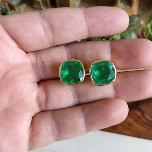 Emerald Cushion Cut Stud Earring Pairs, Silver 925, Real Gold Filled