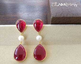 Ruby & Pearl Drop Dangling Earring, Silver 925, Gold Filled