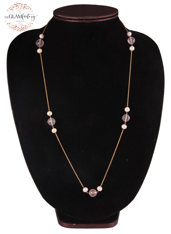 Natural Pearls Rose Quartz Chain, 18k Gold Filled, Silver 925