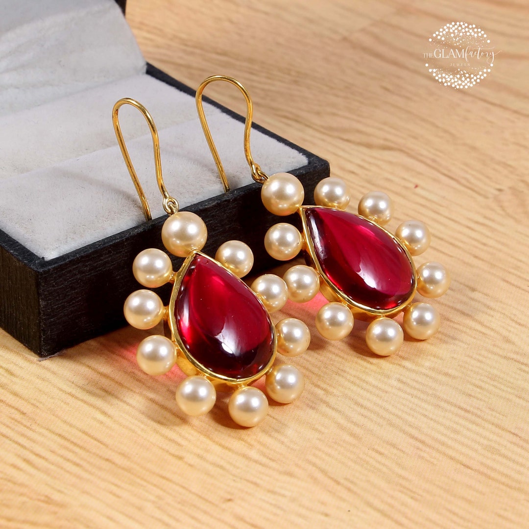 Ruby & Pearl Drop Dangling Earring Silver 925 Gold Filled - Etsy