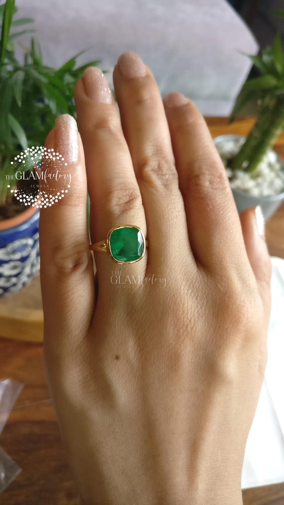 Emerald Cushion Cut Ring, Guaranteed Silver 925, Real 18K Gold