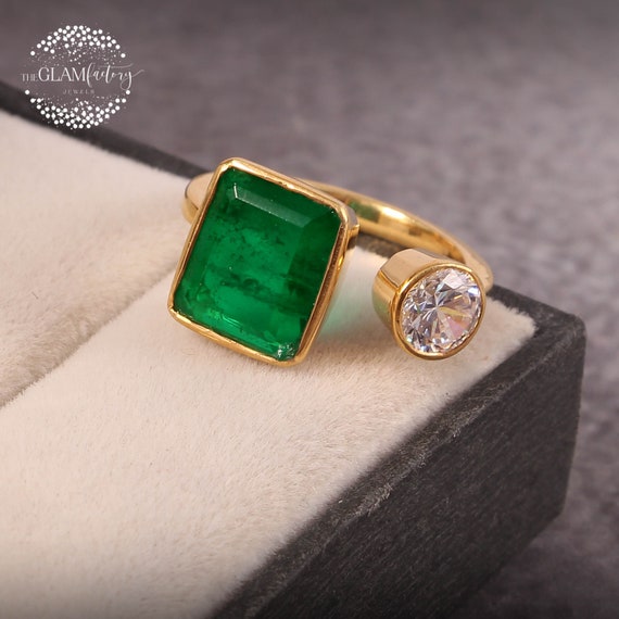 エメラルド＆ダイヤモンド クロスオーバー リング、本物の 18K 