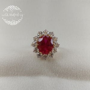 Rubin- och diamantring, silver 925, vitrodiumpläterad, gult guld 18K fyllt