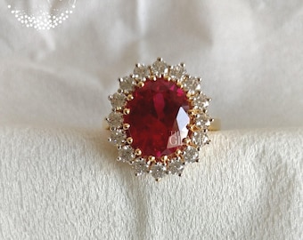 Anillo Diana de rubíes y diamantes, plata 925, chapado en oro auténtico de 18 quilates / baño de rodio blanco.
