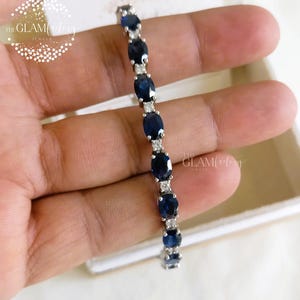 Sapphire & Diamond Tennis Bracelet, Sterling Silver 925, White Rhodium Plated