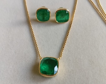 Emerald Necklace/Pendant & Earring, Silver 925, Real 18k Gold Filled
