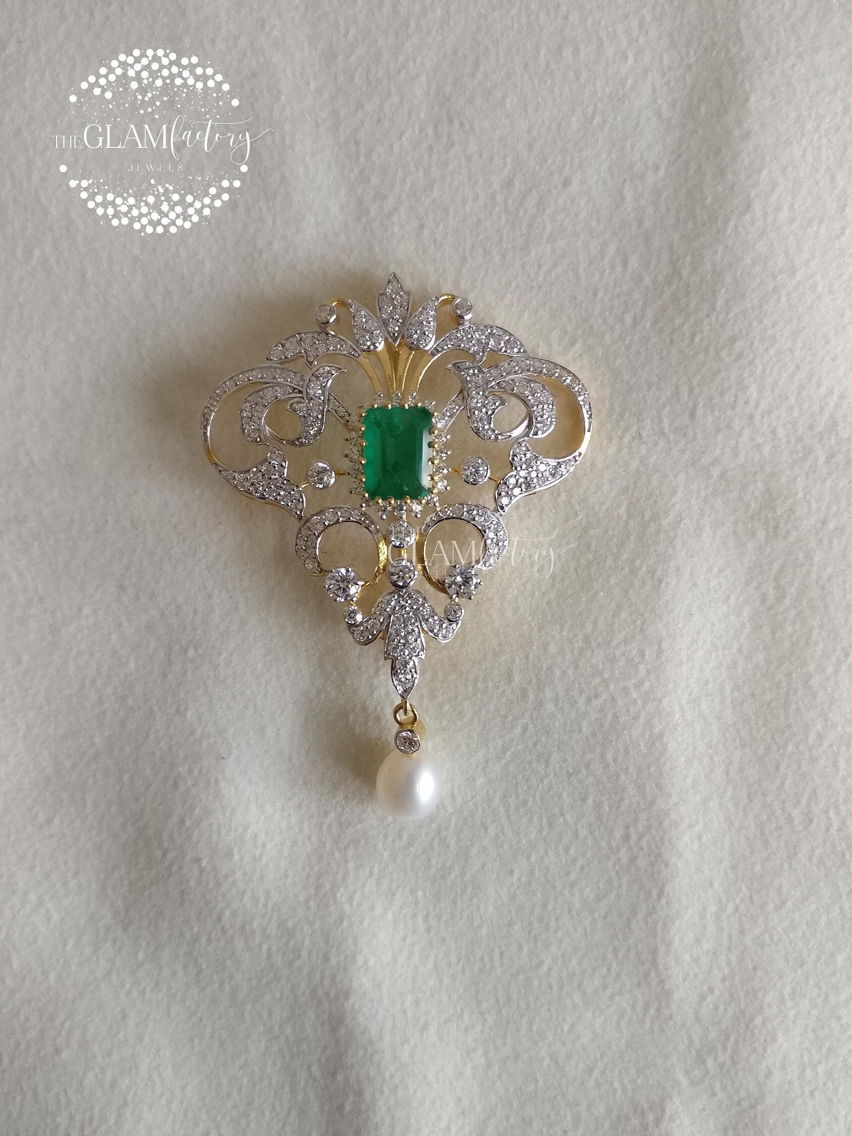 Emerald, Natural Pearl & Diamond Brooch, Unisex, Silver 925, Real 18K Gold Filled